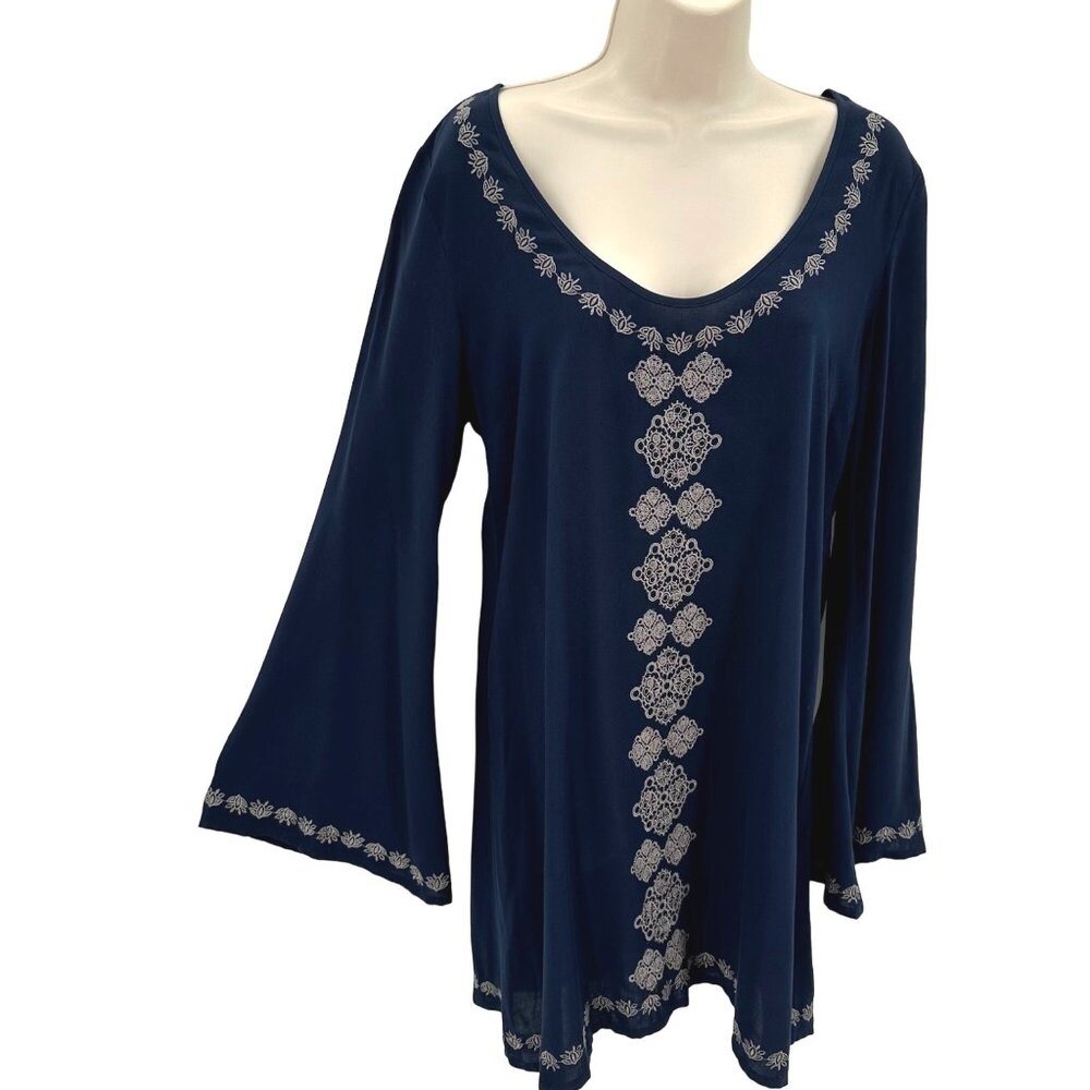 Lovestitch Women’s Embroidered Navy Bell Sleeve Scoop Neck Tunic Dress Size S